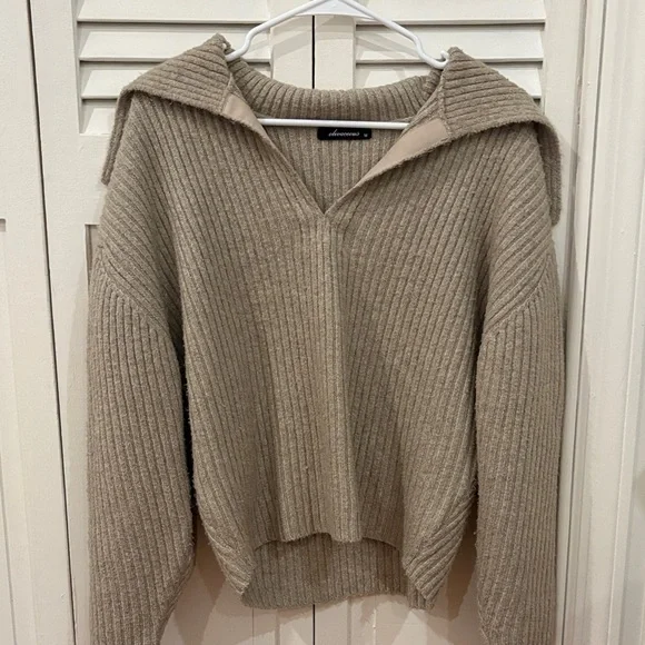 Women's Tan Deep V-Neck Sweater - Picture 1 of 13
